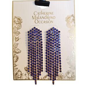 Blue Rhinestone Fringe Drop Earrings Long Dangle Statement Glam Pierced 3"